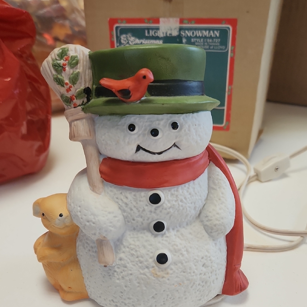 **Vintage*Charming Snowman Figurine with Red Scarf and Green Hat. House Of Lloyd